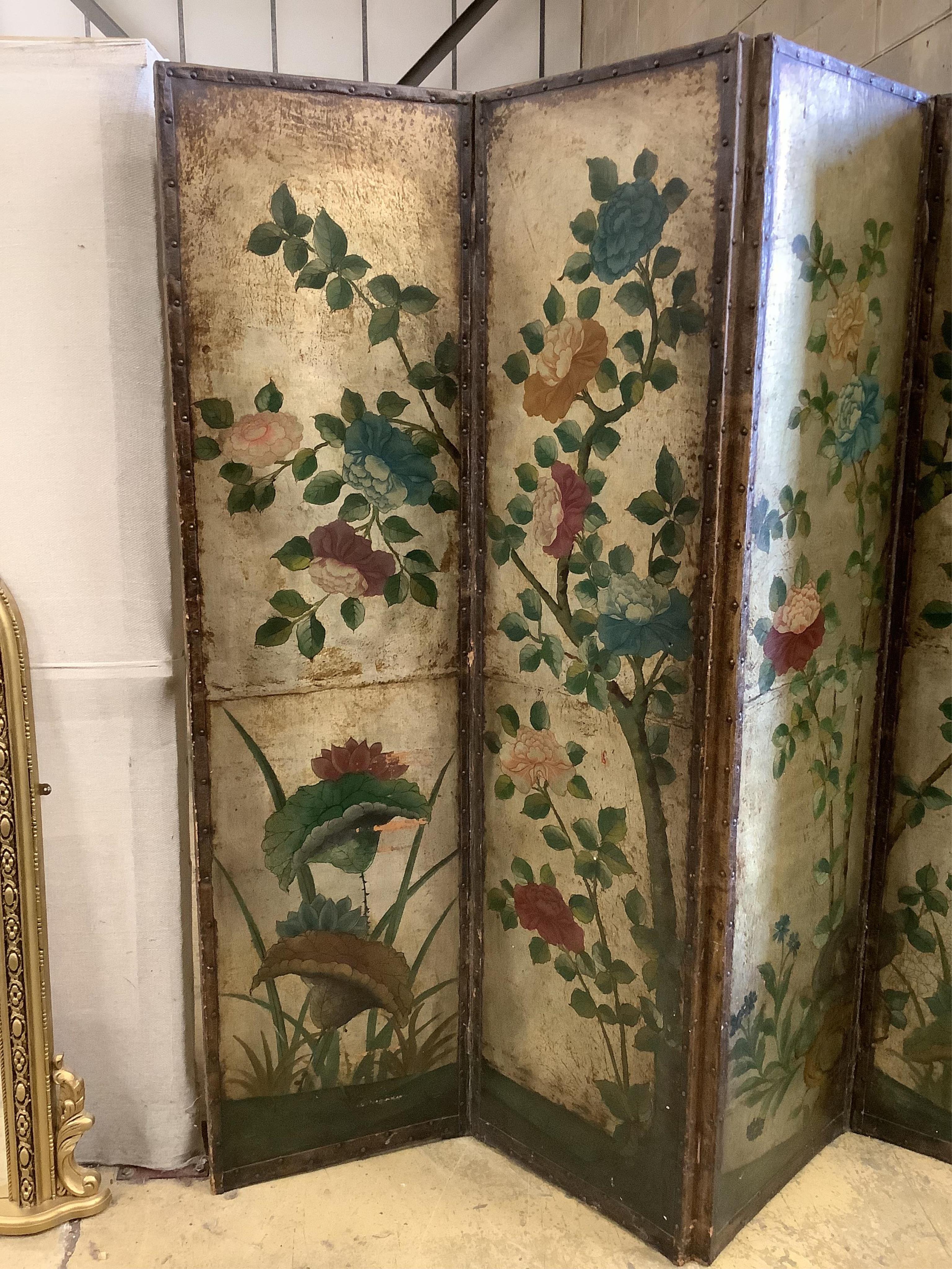 A four fold chinoiserie dressing screen, each panel, width 43cm, height 175cm. Condition - fair